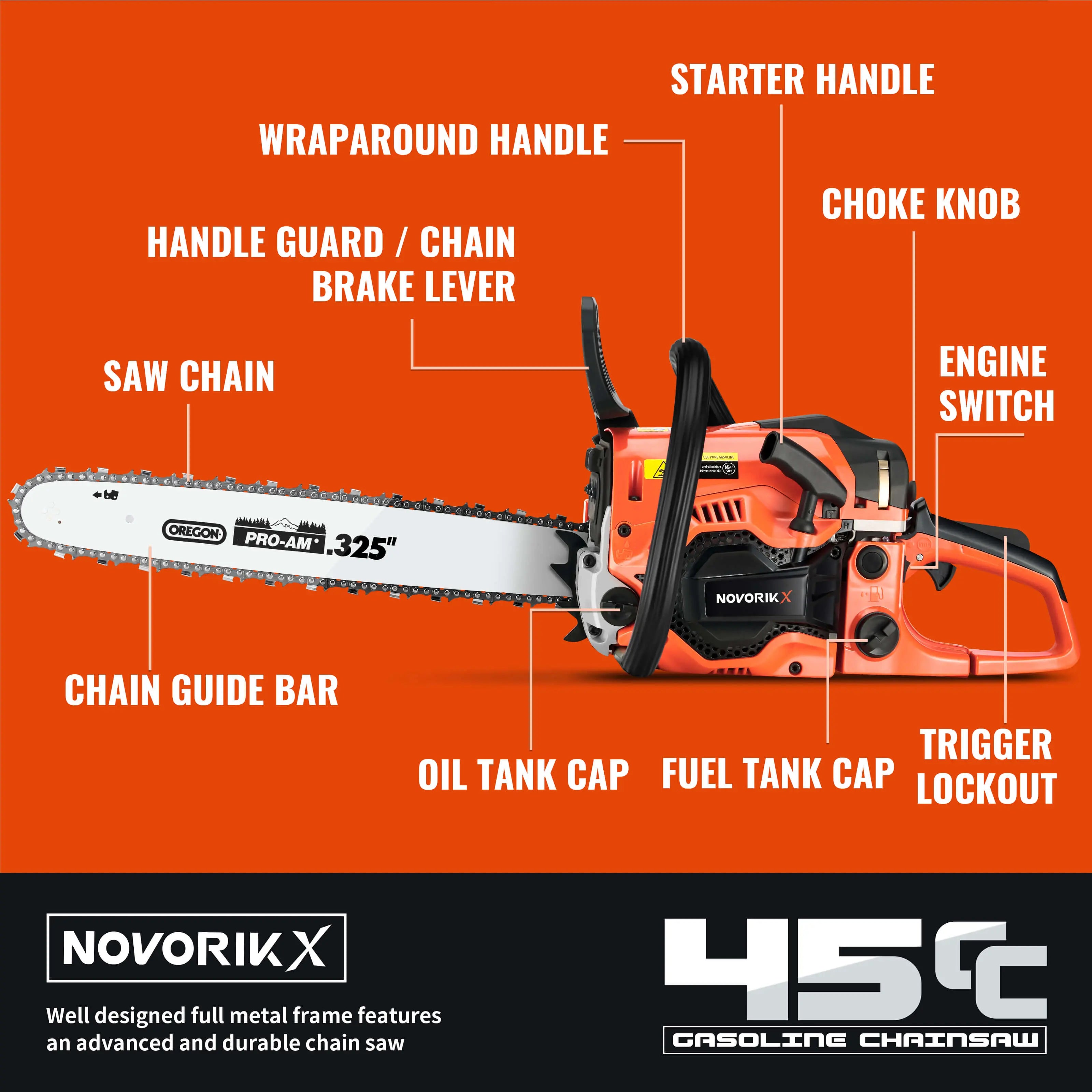 16/18-Inch Gas Powered Chainsaw (45CC) NovorikX